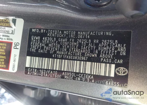 2014 Toyota Camry L из США, поврежденный, VIN 4T1BF1FK6EU830967